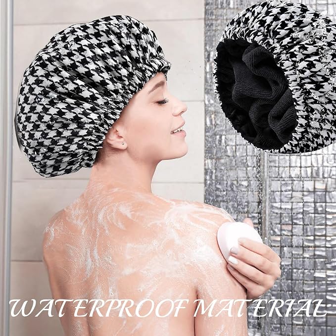 Shower Cap for Women Terry Lined Bath Cap Large Reusable Waterproof Elastic Black Houndstooth Shower Caps for Long Thick Hair Soft Bath Shower Hair Caps
