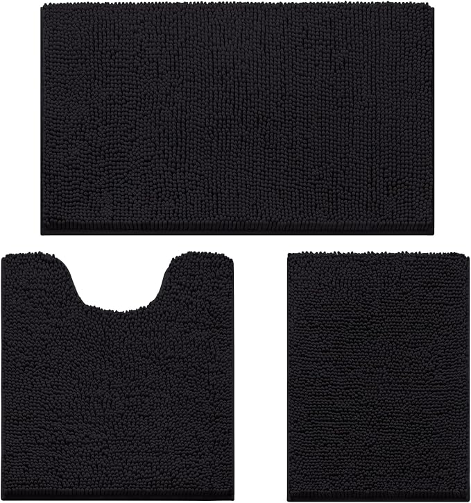 HOMEIDEAS Black Chenille Bathroom Rugs Set of 3, Non Slip Bath Mat | Super Absorbent, Soft Microfiber, Machine Washable, Stain Resistant, for Bathroom Decor