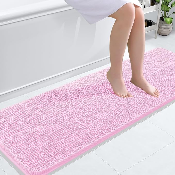 OLANLY Bathroom Runner Rugs 59x20, Extra Soft Absorbent Chenille Bath Rugs | Pink, Quick-Drying Rubber Backing, Machine Washable Long Bath Mat for Bathroom Floor, Tub and Shower, Home Decor Accessories