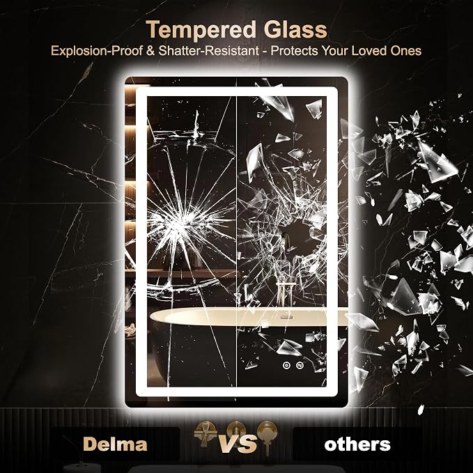 Delma 36x24 LED Bathroom Vanity Mirror with Lights, Anti-Fog, Dimmable | Front & Backlit with 3 Color Modes and Memory, 5mm Shatterproof Glass, Plug-in or Hardwired, Horizontal or Vertical