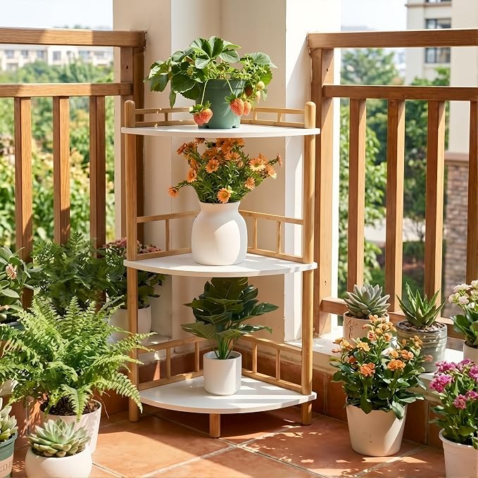 3-Tier Expandable Bamboo Corner Shelf Stand,Corner Bookshelf, Display Storage Shelves with Open Shelves, for Organization and Storage, Living Room, Home Office, Garage (White, 3-Tier WithRail)