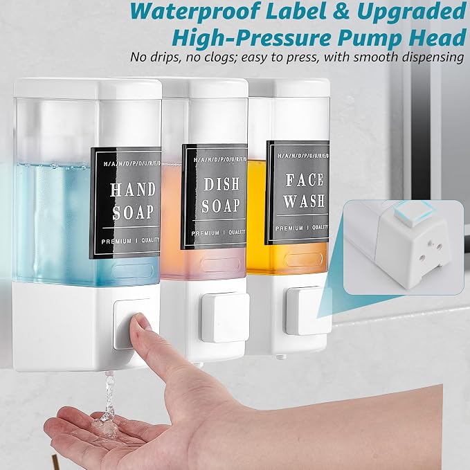 Shampoo and Conditioner Dispenser for Shower, 3 Chamber, White | Wall Mounted, No Drill, 3×16.9oz, ABS Plastic Material, Refillable With Labels, For Bathroom Hotel