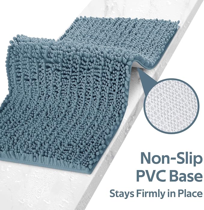 ACCUMTEK Upgrade Extra Large Haze Blue Bathroom Rug Set 3 Pieces Ultra Soft, Thick Absorbent Bath Mats, Non Slip Chenille Toilet Mat for Bathroom, Bedroom, Kitchen, Stone Blue