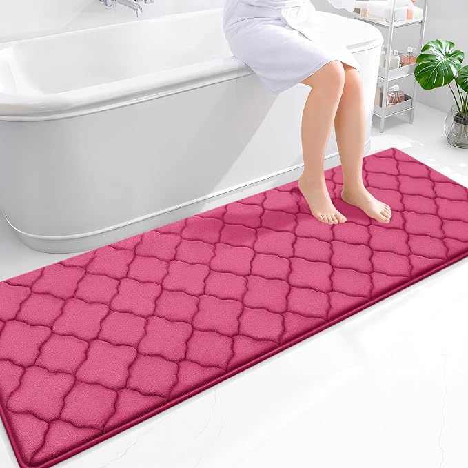 OLANLY Memory Foam Bath Mat Rug 70x24, Ultra Soft Bathroom Rugs, Deep Pink | Thick Absorbent Carpet, Non-Slip Backing, Machine Washable, for Bathroom Floor, Tub, Shower and Home Decor Accessories