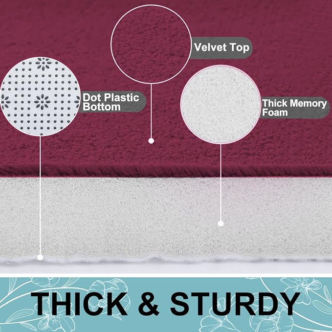Smiry Memory Foam Bath Mat 47x17, Extra Soft and Absorbent Bathroom Rugs | Burgundy, Quick Dry Machine Washable Non-Slip Bath Mat for Bathroom Floor, Shower and Tub