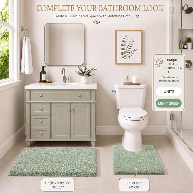 Yimobra Light Green and White Bathroom Rugs Non Slip Washable 36X24, Ultra Soft and Water Absorbent Bath Mats, Plush Fluffy Shower Mat Outside, Luxury Microfiber Thick Matts for Bathroom Floor/Tub