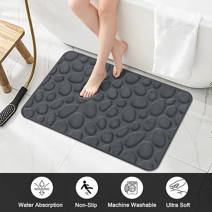 Stone Bath Mats, Non-Slip Memory Foam Bath Rugs, 20x32 Darkgray | TPR Rubber Backing,Ultra Soft,Highly Absorbent,Machine Washable,Quick Dry for Tub and Shower, Home Decor Accessories