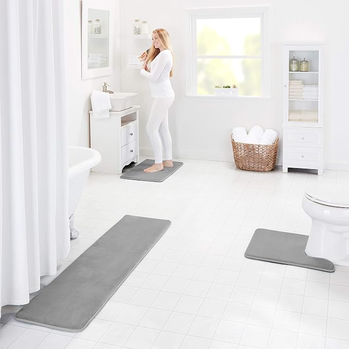 Memory Foam Bath Mat Non Slip Absorbent Super Cozy Velvet Bathroom Rug Carpet (17 inches X 24 inches, Grey)