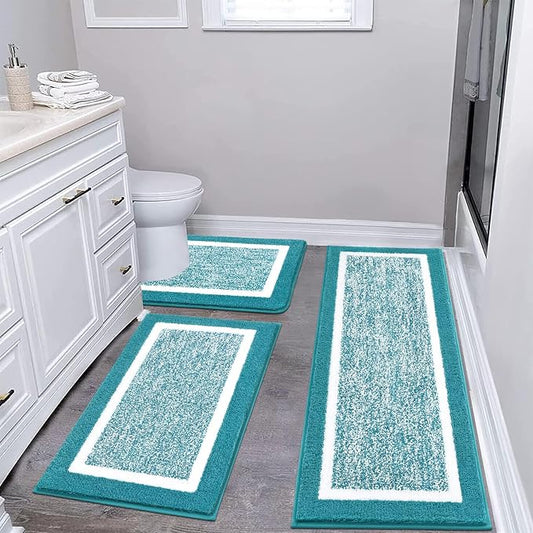 Pauwer Bathroom Rug Sets 3 Piece, Non Slip Washable Bath Mat, Aqua Blue | Soft Plush Microfiber, Super Absorbent Floor Carpet, U Shaped Toilet Mats, Quick Dry, Shaggy Shower Rugs Runners