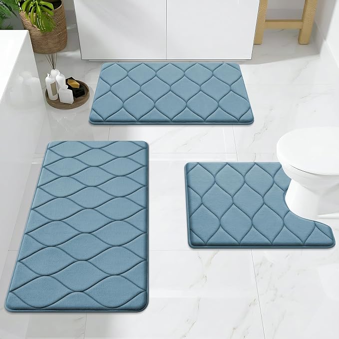 Smiry Memory Foam Bath Mat 30x20, Ultra Soft Absorbent Bathroom Rugs | Airy Blue, Plush Quick Dry and Machine Washable Cushion Bath Mats for Bathroom, Shower, Tub & Home Decor