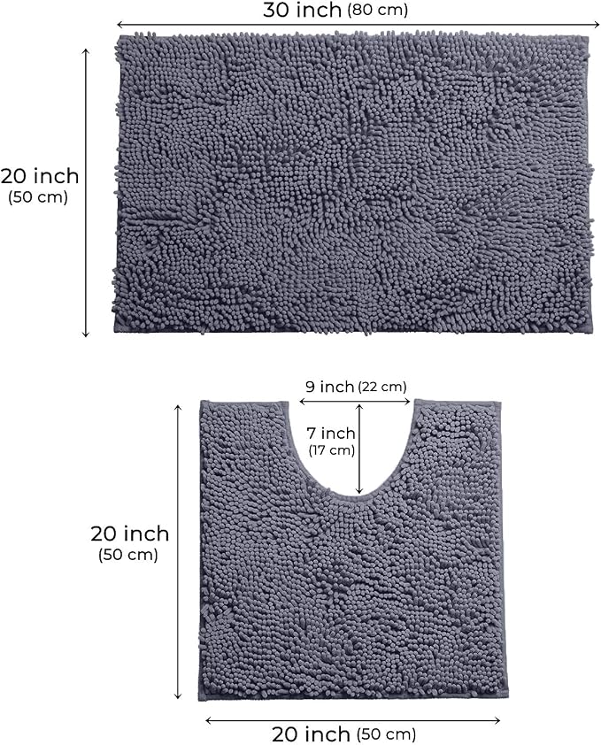 LuxUrux Bathroom Rugs Sets 2 Piece, Bathroom Rug Set, Soft Absorbent Chenille Bath Mat & Contour Toilet Rug, Non Slip, Quick Dry, Machine Washable Shaggy Bathroom Mats (Gray, 20"x30"+20"x20" U-Shaped)