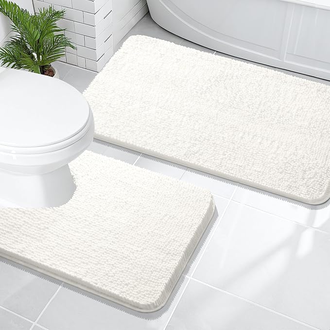OLANLY Chenille Bathroom Rugs Mats Sets 2 Piece, 47"x20"+24"x20", Ivory | Soft Absorbent Bath Mat and U-Shaped Contour Toilet Rug Set, Quick Dry, Machine Washable Bath Carpet, Home Decor Accessories