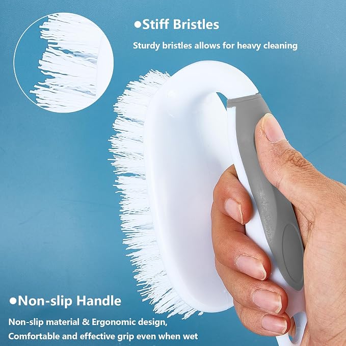 Scrub Brush Set, 4 Pack Deep Cleaning Brush Kit - 2 Scrub Brush, 2 Tile & Grout Brush with Built-in Scraper, Household Commercial Scrubber for Floor, Shower, Pool Wall, Tub (Gray)