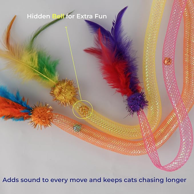 Cat Toys for Indoor Cats, Interactive Cat Wand Toy 3 Pack with Feathers, Mesh Tube, Bell & Pom Pom, Cat Teaser Wand, Cat Fishing Pole Toy for Kittens and Adult Cats