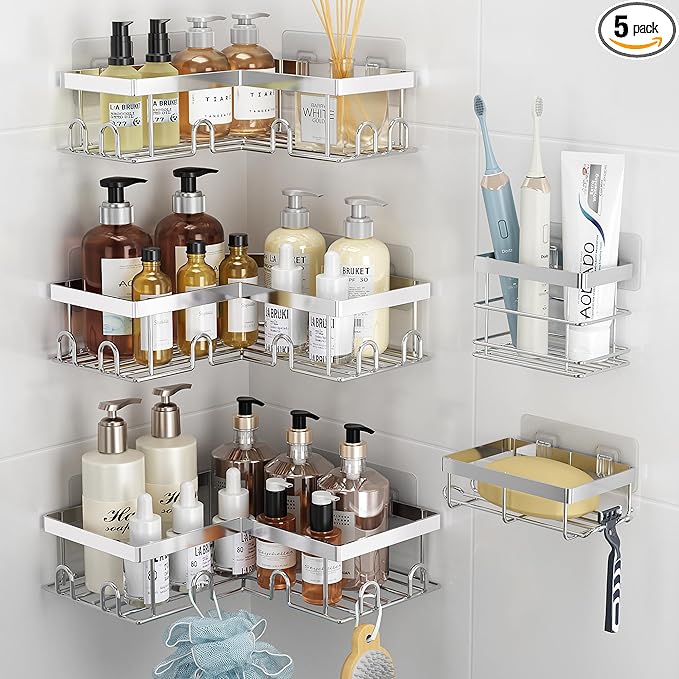 Liuoud Corner Shower Caddy 5 Pack, Rustproof Stainless Steel Shower Organizer with Soap Rack Toothbrush Holder, Large Capacity Adhesive No Drilling Bathroom Kitchen&Home Decor Set, Silver