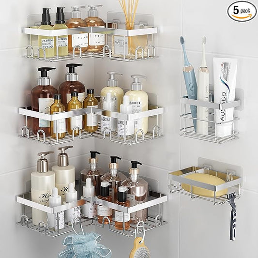 Liuoud Corner Shower Caddy 5 Pack, Rustproof Stainless Steel Shower Organizer with Soap Rack Toothbrush Holder, Large Capacity Adhesive No Drilling Bathroom Kitchen&Home Decor Set, Silver