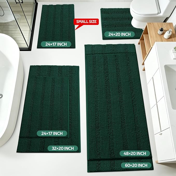 ACCUMTEK Christmas Striped Deep Green Toilet Bathroom Rug Mat Set 2 piece Rug Ultra Soft, Non Slip Chenille Bath Rugs, Absorbent Plush Shaggy Bath Mats for Bathroom, Bedroom, Kitchen, Shower, Tub