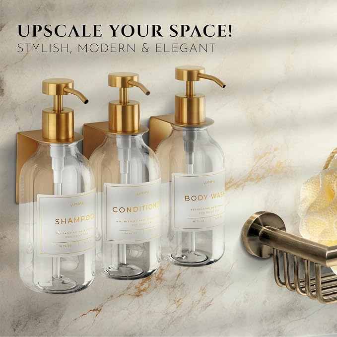 Shower Shampoo Dispenser Wall Mounted – 3 Refillable 16.9 oz Clear Bottles with Stainless Steel Pumps & No-Drill Adhesive Holders – Soap Dispenser Set for Bathroom (3 X Clear/Gold)