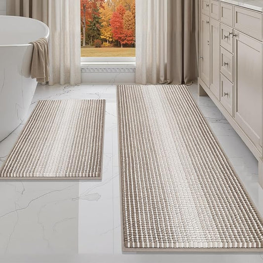 BBSICPRO Bathroom Rugs Sets 2 Piece, Non Slip Boho Bath Mats, Light Taupe | 20"x60" Plus 20"x32", Soft Absorbent Striped Chenille, Quick Dry Machine Washable, Shower Rug for Bathroom Bedroom Décor