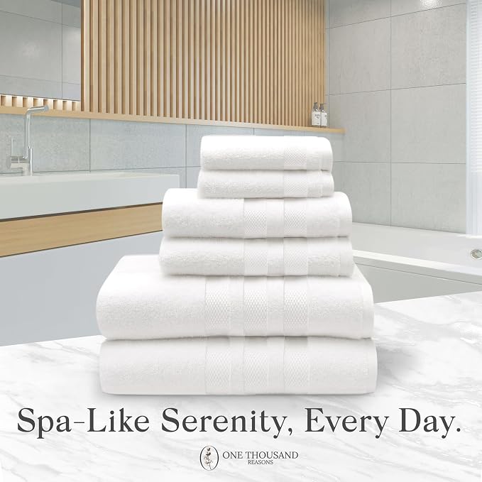 Premium Staple Cotton Bathroom Towel Set - White 600 GSM 6-Piece Luxury Bath Towel Set 3 Stripe - 2 Bath Towels, 2 Hand Towels & 2 Washclothes Set - High Absorbent & Quick Dry for Gym, Spa, Hotel