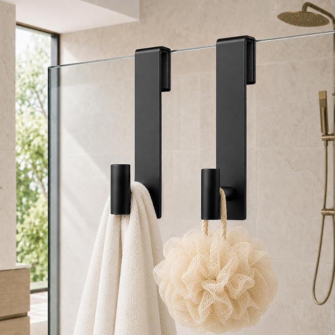 Shower Door Hooks, Over The Glass Shower Towel Hook, Black, 2 Pack | Stainless Steel, Heavy Duty, Easy Installtion, Slim Design, Soft Padding, Towel Hooks For Glass Shower Door