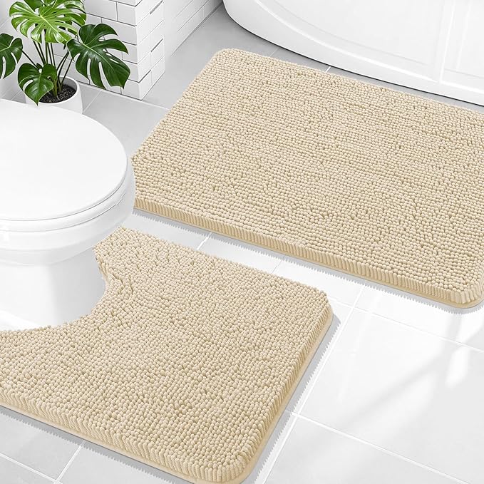 OLANLY Chenille Bathroom Rugs Mats Sets 2 Piece, 30"x20"+24"x20", Beige | Soft Absorbent Bath Mat and U-Shaped Contour Toilet Rug Set, Quick Dry, Machine Washable Bath Carpet, Home Decor Accessories