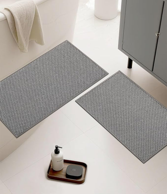 YIHOUSE Thin Bath Mat Grey Bathroom Rugs Sets 2 Pieces, Non Slip Absorbent Mats Quick Dry, Woven Rugs Washable, Tapetes para Baño for Bathroom Toliet,Bathtub(17"x24"+17"x32")