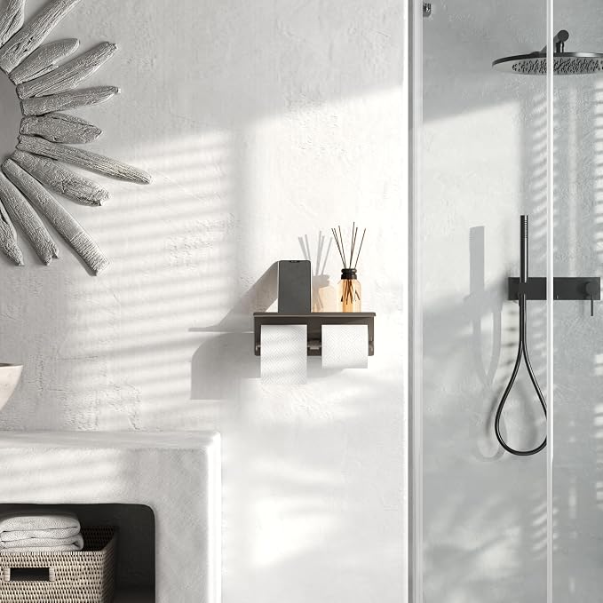 Grey Toilet Paper Roll Holder with Shelf Wall Mounted for Bathroom (Grey, Double Head)