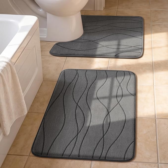 Bathroom Rugs Set 2 Piece, Memory Foam Bath Mat Dark Grey | U Shaped+Small Mat, Ultra Soft, Absorbent, Non-Slip, Machine Washable, for Bathroom, Sink and Toilet