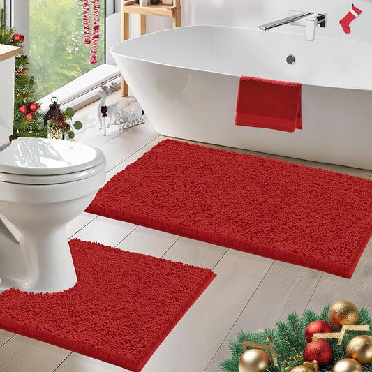 Christmas Bathroom Rugs Sets 2 Piece, Luxury Chenille Bath Mat Set, Soft Plush Anti-Slip Bath Rug + U-Shaped Toilet Mat. Microfiber Shaggy Carpet, Super Absorbent (24” x 36” & 20” x 24” U, Red)