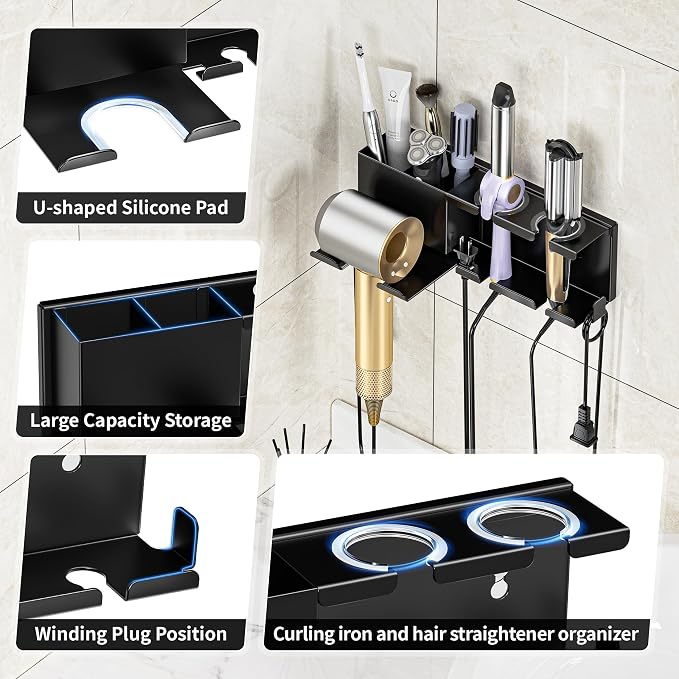 Hair Dryer Holder, Hair Tool Organizer Wall Mount, Adhesive or Drill, Black | Blow Dryer Holder for Dryer Hook, Straightener Curling Irons Hairdryer Hair Appliance Hanger for Salon Bathroom Wall Storage