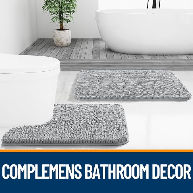 OLANLY Chenille Bathroom Rugs Mats Set 2 Piece, 47"x20"+24"x20", Light Grey | Soft Absorbent Bath Mat and U-Shaped Contour Toilet Rug Set, Quick Dry, Machine Washable Bath Carpet, Home Decor Accessories