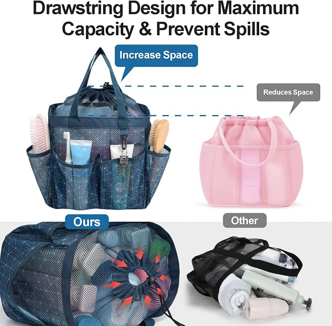 F-color Mesh Shower Caddy Portable with Drawstring - Upgrade Deeper 7 Pockets Dorm Room Essentials for Guys Girls with S Hook, Shower Bag Basket Tote for College Camping Gym Bathroom, Starlight Navy