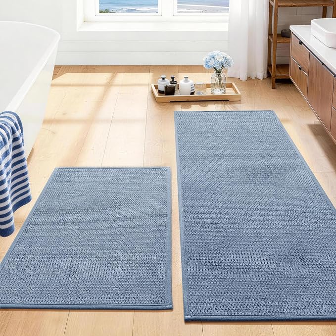 Navy Blue Bathroom Rugs Sets 2 Piece, Quick Dry Thin Bath Mat, Non Slip Absorbent Machine Washable, Bath Runner Rug for Bathtub Sink Home Decor (17"x24" + 17"x47")