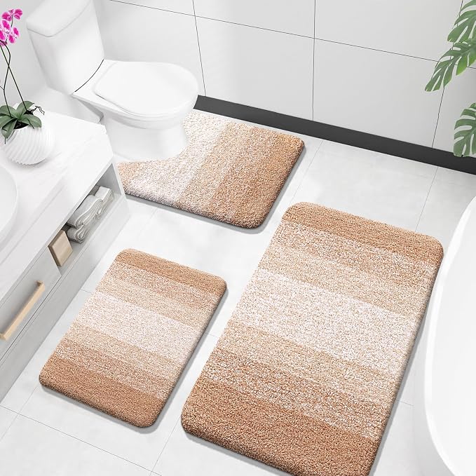 OLANLY Microfiber Bathroom Rugs Sets 3 Piece, 36"x24"+24"x16"+24"x20" | Beige, Soft Absorbent Bath Mats and U-Shaped Contour Toilet Rug, Plush Shaggy Bath Mat Set for Bathroom