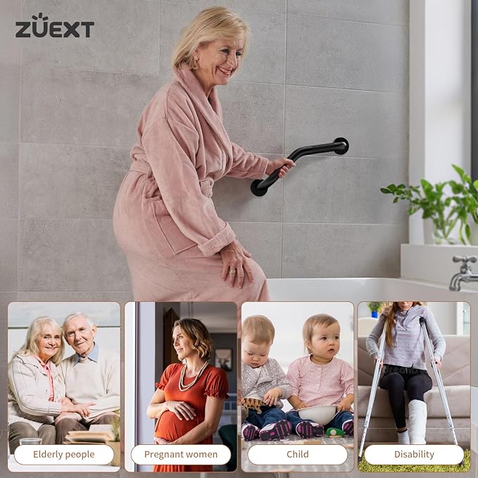 16 Inch Angled Grab Bar 2 Pack, ZUEXT Anti Slip Black Shower Grab Bar Handles, Stainless Steel Knurled Bathroom Balance Bar, Safety Hand Rail Support,Handicap Elderly Injury Senior Assist Bath Handle