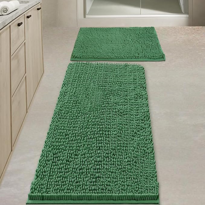 BOANKODU Bathroom Rugs Sets 2 Piece，47X16+16X24Inch，Absorbent Non-Slip Very Soft Chenille Mat,Machine Washable （Dark Green）