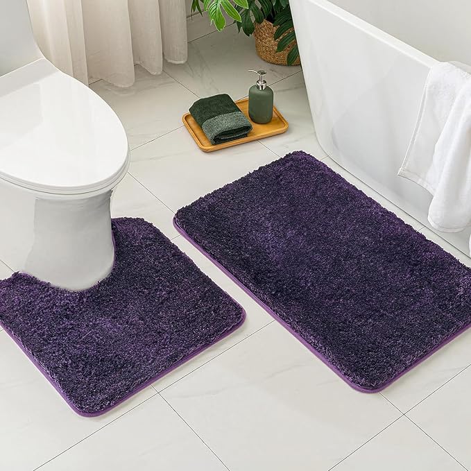 MIULEE Dark Purple Bathroom Rugs Set 2 Piece Soft Bath Mats 20x24+20x30 in | Absorbent Microfiber Bath Mat and U-Shaped Toilet Rug, Non Slip, Quick Dry, for Bathroom Floor Tub Showers, Machine Washable