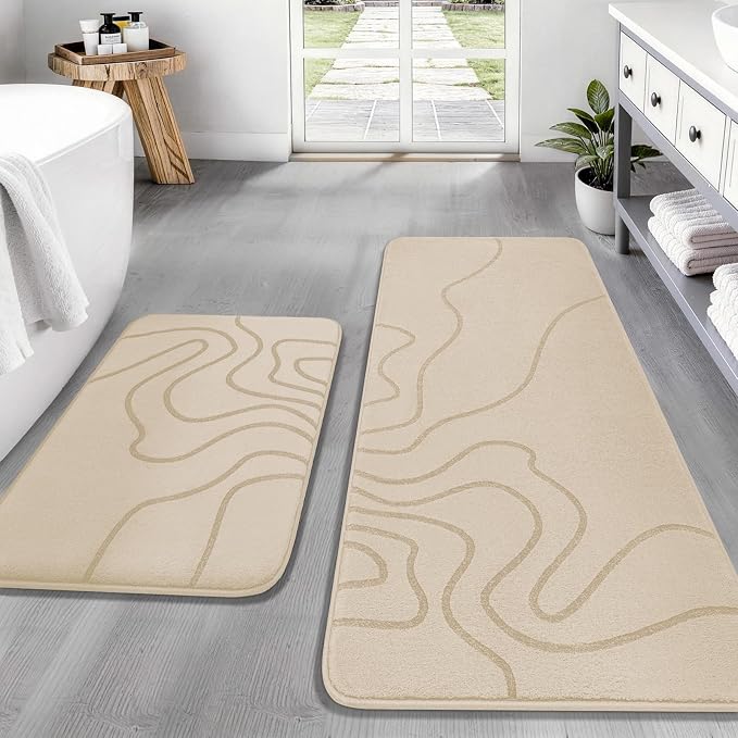 YIHOUSE Memory Foam Bathroom Rugs Sets 2 Piece, 17"x24"+20"x46", Beige | Ultra Soft, Extra Thick Bath Mat, Absorbent, Non-Slip, Machine Washable, For Tub, Shower & Home Decor Accessories