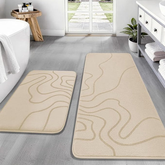YIHOUSE Memory Foam Bathroom Rugs Sets 2 Piece, 17"x24"+20"x46", Beige | Ultra Soft, Extra Thick Bath Mat, Absorbent, Non-Slip, Machine Washable, For Tub, Shower & Home Decor Accessories