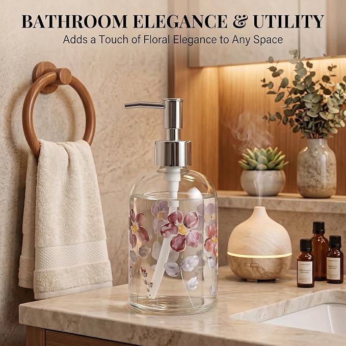 Topadorn Hand and Dish Soap Dispenser Set, 2 Pack 17oz Glass Soap Dispensers with Pump, Refillable Kitchen Soap Bottles, Floral & Goldfinch Decorative Bathroom Counter Decor