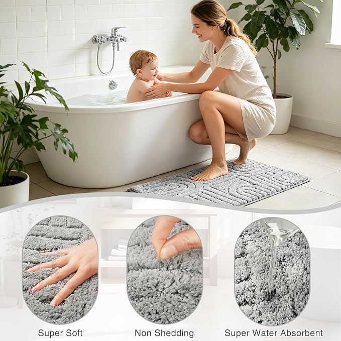 Homcomoda Bathroom Rugs Sets 3 Piece, Soft Absorbent Microfiber Bath Mats and U-Shaped Contour Toilet Rug, Non Slip Bath Rugs Machine Washable Shaggy Bath Room Floor Mats, Grey