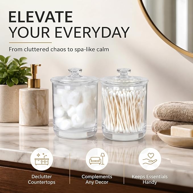 ForPro Clear Acrylic Apothecary Jars with Lids, Set of 2 Shatterproof Qtip Holder & Cotton Ball Container, 15 Oz Bathroom Vanity Organizer Canister for Kitchen & Office Decor, 4.5" x 3.5"