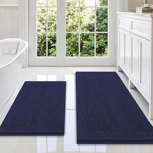 Smiry Chenille Bathroom Rugs Sets 2 Piece (47x20+30x20, Navy Blue) | Soft Absorbent Machine Washable Non Slip Shaggy Bath Rug Set for Tub, Shower, and Floor, Home Decor