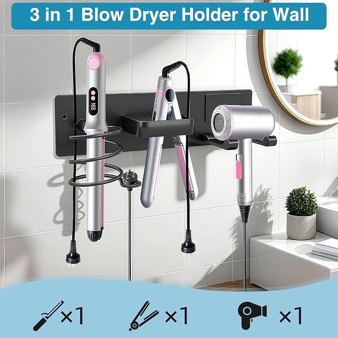 Hair Dryer Holder Hair Tool Organizer Metal Wall Mount(Matte Black) | Heat Resistant Hair Tool Organizer, Metal Wall Mount Storage, Bathroom Counter Space Saver, Blow Dryer Holder