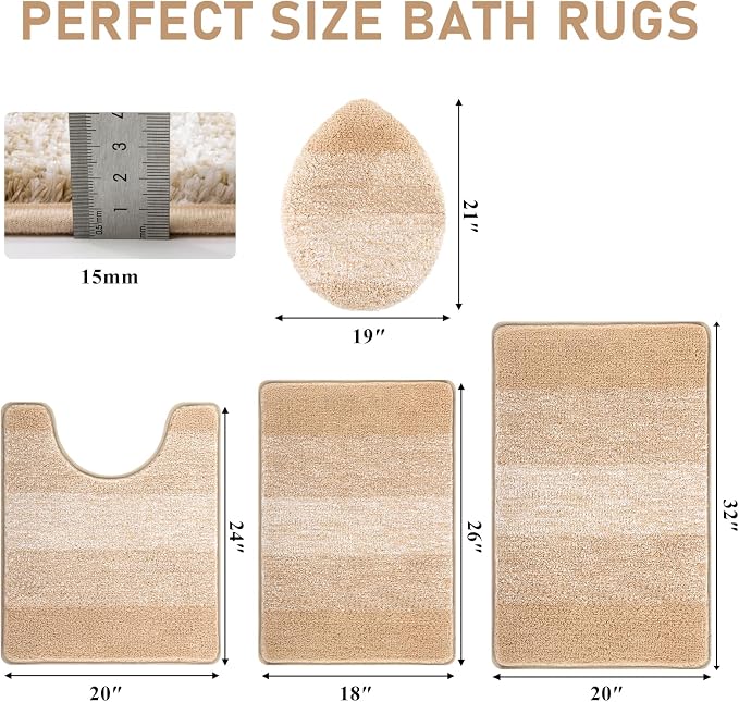Bsmathom Bathroom Rug Set 4 Piece, Plush Microfiber Bath Mat, Beige | Super Water Absorbent, Non Slip Machine Washable Bath Rug Sets with Toilet Lid Cover and U-shaped Contour Toilet Mat