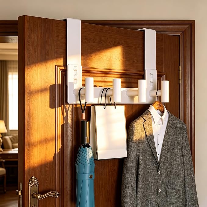 PMMASTO Over The Door Hooks, Fits 1-3/4" Thick Door No Drill Hooks for Closet Bathroom Bedroom Organization, Hanger for Coat Towel Robe (White, 4 T-Hooks)