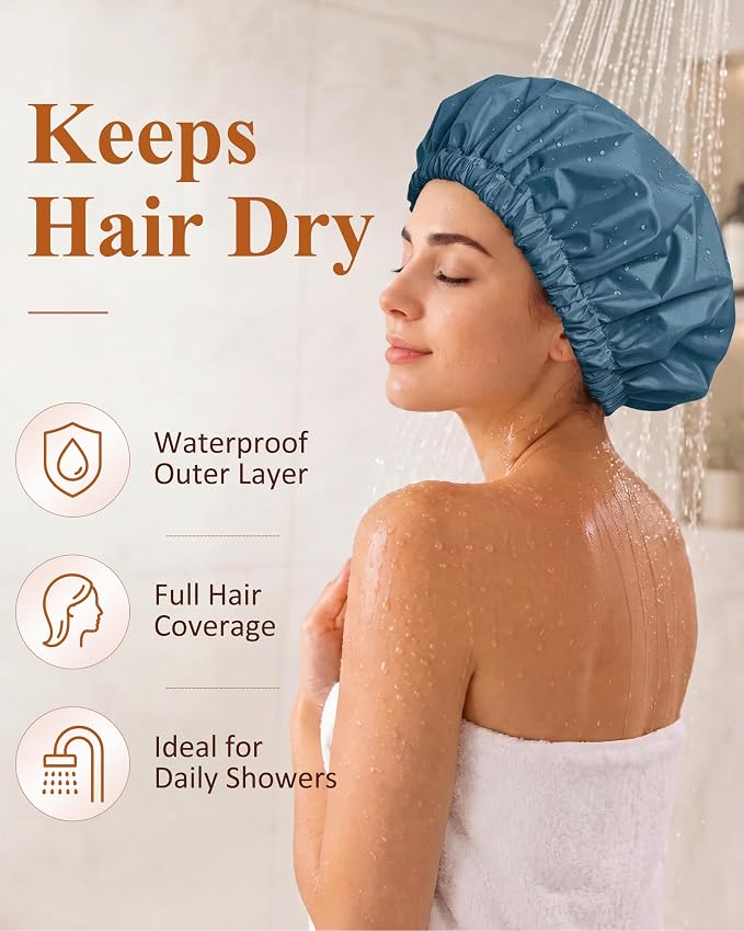 Edoneery Shower Caps for Women Reusable Waterproof, Shower Hair Cap | Washable Bonnet, Wide Elastic Band, Large Fit, Holds Long Hair, Braids Friendly, Bath Accessories, Spa, Travel