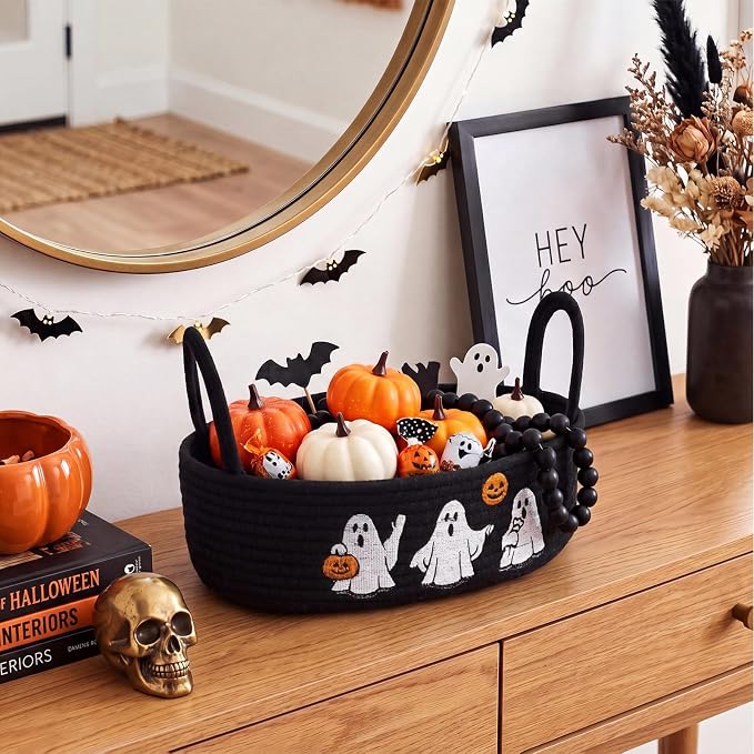 Vesici Halloween Ghost Woven Storage Basket for Toilet Tank Top Black Cotton Rope Bathroom Countertop Organizer Basket with Handle Halloween Bathroom Decor for Bedroom Nursery, 13 x 6 x 4 Inch