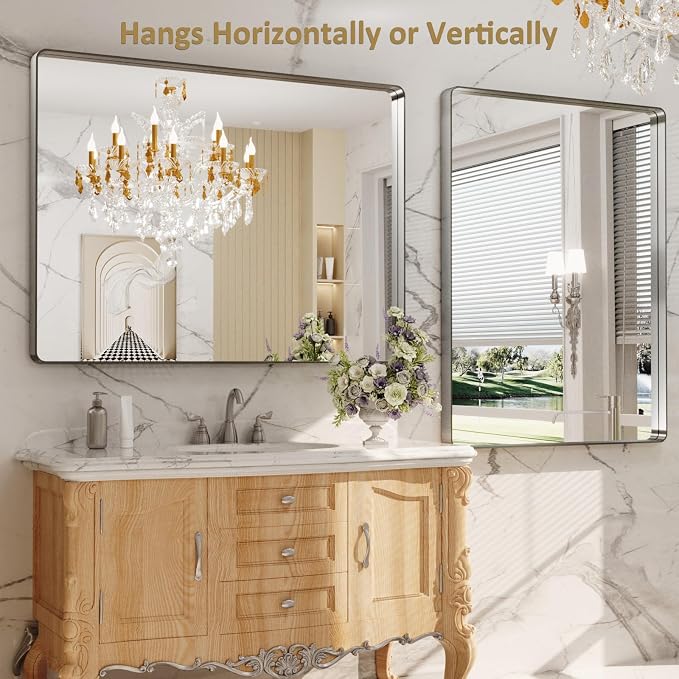 LOAAO 48X36 Inch Brushed Nickel Bathroom Mirror | Rounded Rectangle, Silver Metal Frame, Anti-Rust, Tempered Glass, Hangs Horizontally or Vertically